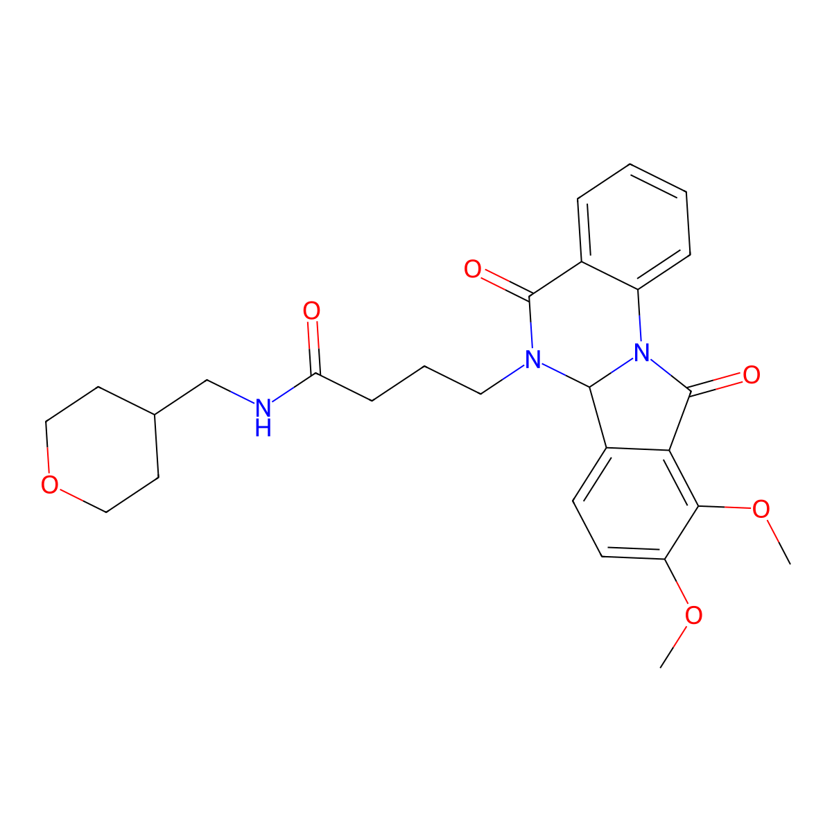 4-(9,10-dimethoxy-5,11-dioxo-6a,11-dihydroisoindolo[2,1-a]quinazolin-6(5H)-yl)-N-(tetrahydro-2H-pyran-4-ylmethyl)butanamide molecular structure, CAS 1630868-93-7
