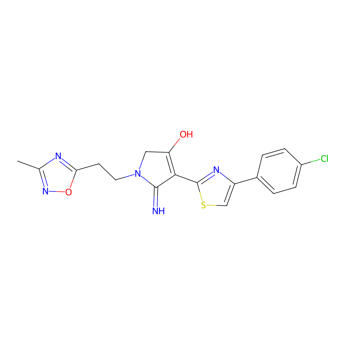 4-[4-(4-chlorophenyl)-1,3-thiazol-2-yl]-5-imino-1-[2-(3-methyl-1,2,4-oxadiazol-5-yl)ethyl]-2,5-dihydro-1H-pyrrol-3-ol molecular structure, CAS 1630869-47-4