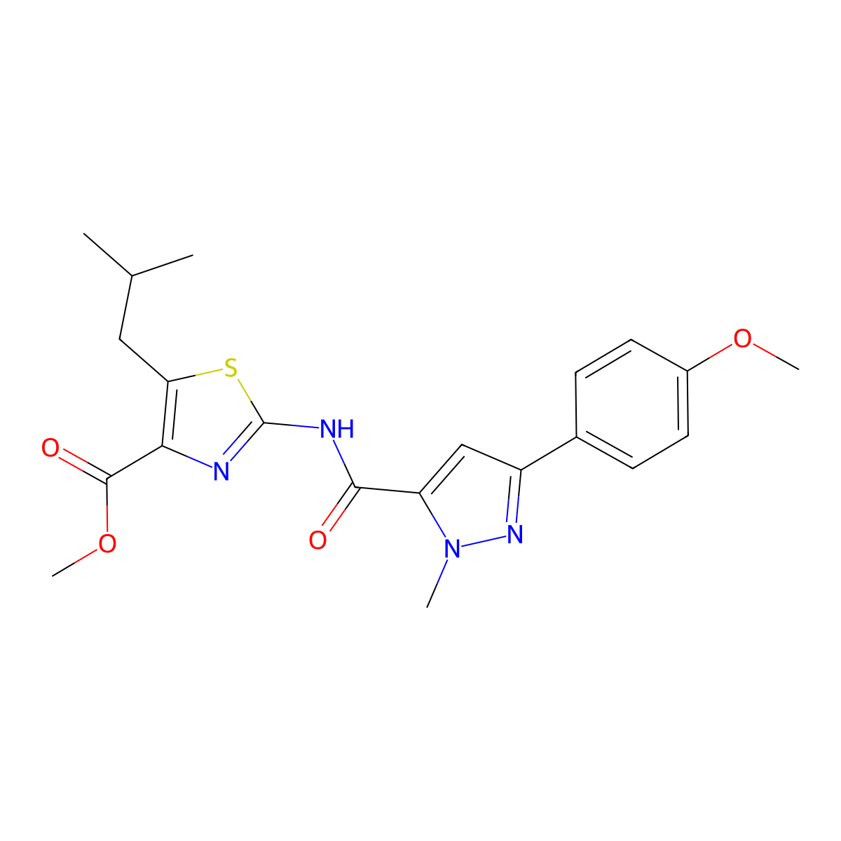 methyl 2-({[3-(4-methoxyphenyl)-1-methyl-1H-pyrazol-5-yl]carbonyl}amino)-5-(2-methylpropyl)-1,3-thiazole-4-carboxylate molecular structure, CAS 1630869-51-0
