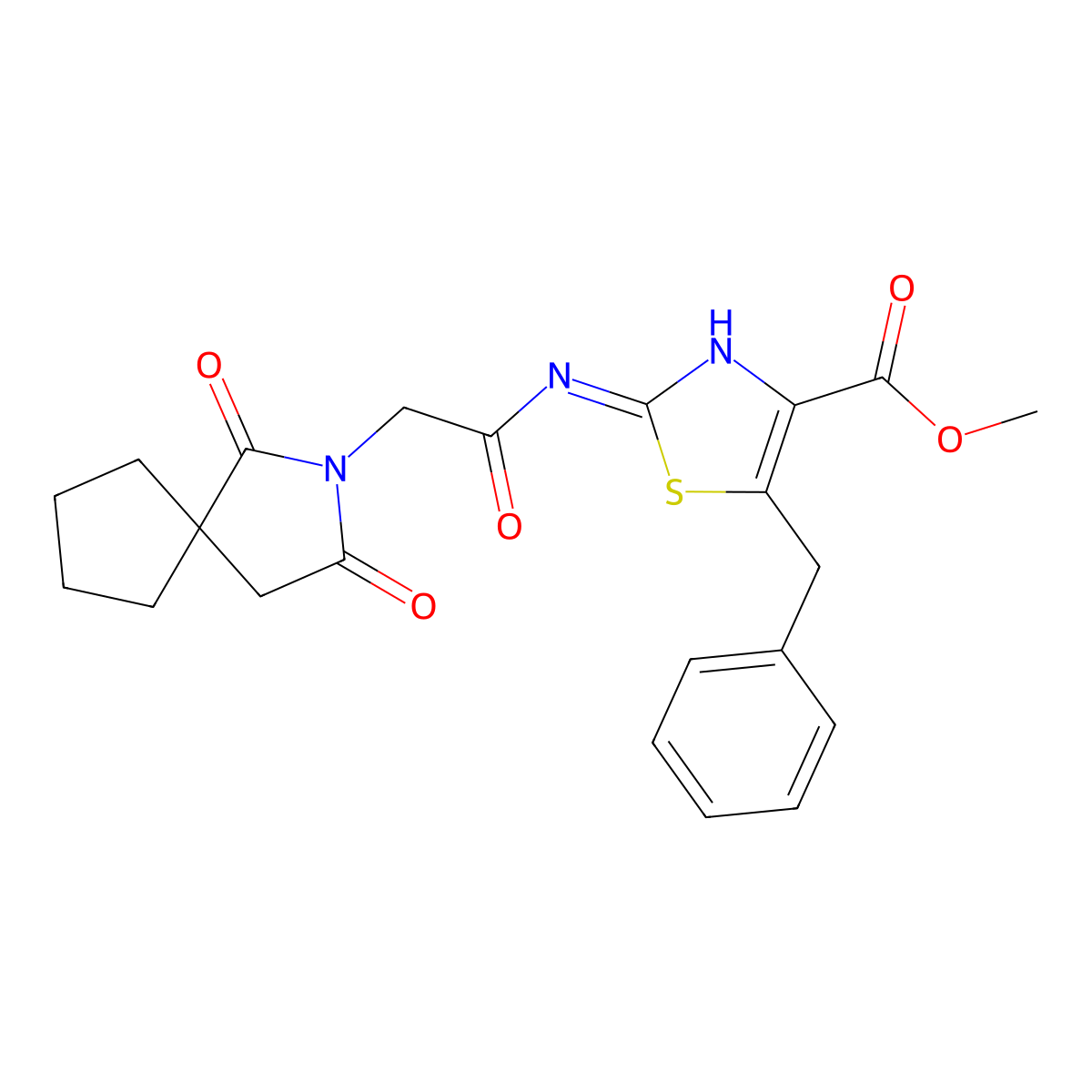 Methyl 5-benzyl-2-{[(1,3-dioxo-2-azaspiro[4.4]non-2-yl)acetyl]amino}-1,3-thiazole-4-carboxylate molecular structure, CAS 1630869-99-6