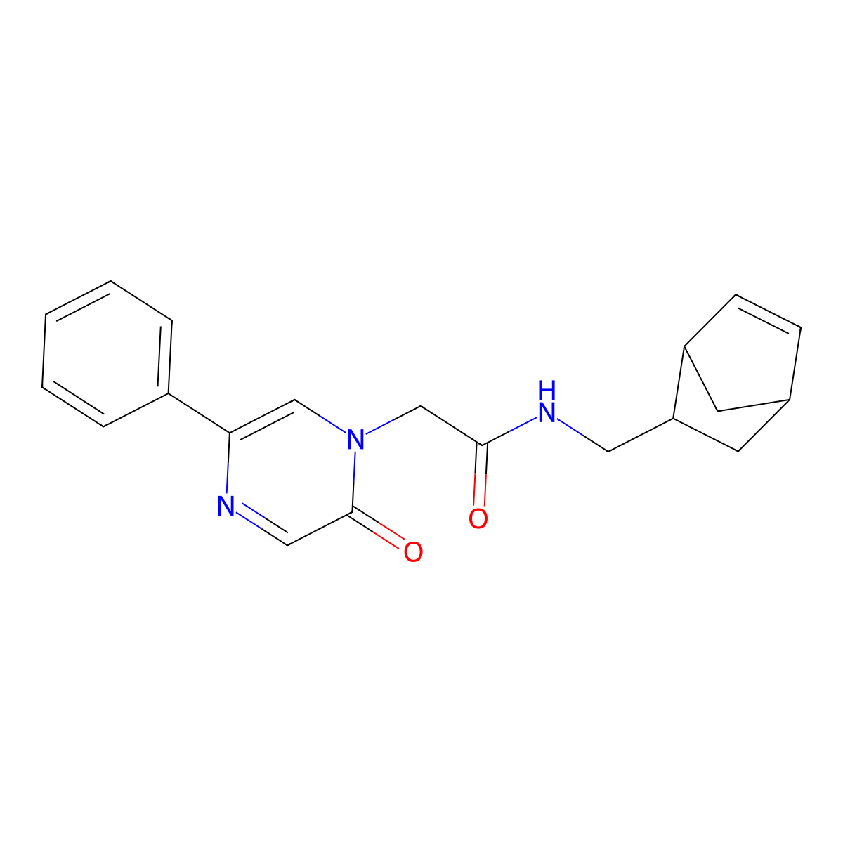 N-(bicyclo[2.2.1]hept-5-en-2-ylmethyl)-2-(2-oxo-5-phenylpyrazin-1(2H)-yl)acetamide molecular structure, CAS 1630870-00-6