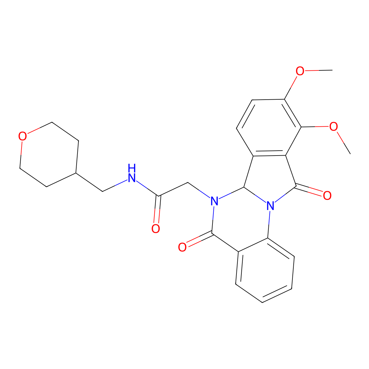 2-(9,10-dimethoxy-5,11-dioxo-6a,11-dihydroisoindolo[2,1-a]quinazolin-6(5H)-yl)-N-(tetrahydro-2H-pyran-4-ylmethyl)acetamide molecular structure, CAS 1630870-17-5
