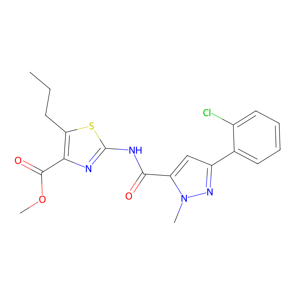 methyl 2-({[3-(2-chlorophenyl)-1-methyl-1H-pyrazol-5-yl]carbonyl}amino)-5-propyl-1,3-thiazole-4-carboxylate molecular structure, CAS 1630870-19-7