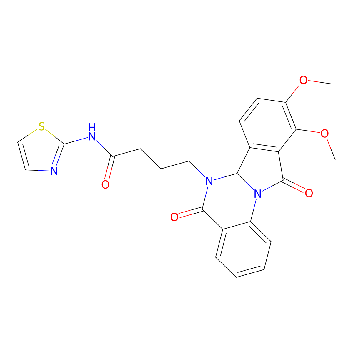 4-(9,10-dimethoxy-5,11-dioxo-6a,11-dihydroisoindolo[2,1-a]quinazolin-6(5H)-yl)-N-(1,3-thiazol-2-yl)butanamide molecular structure, CAS 1630870-38-0