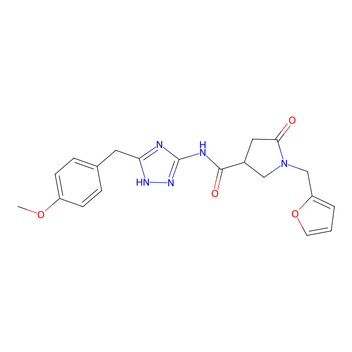 1-(furan-2-ylmethyl)-N-[3-(4-methoxybenzyl)-1H-1,2,4-triazol-5-yl]-5-oxopyrrolidine-3-carboxamide molecular structure, CAS 1630871-96-3