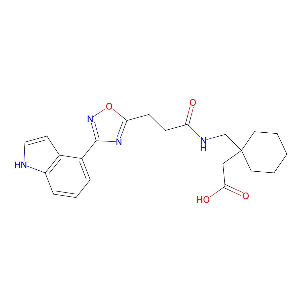 {1-[({3-[3-(1H-indol-4-yl)-1,2,4-oxadiazol-5-yl]propanoyl}amino)methyl]cyclohexyl}acetic acid molecular structure, CAS 1630872-58-0
