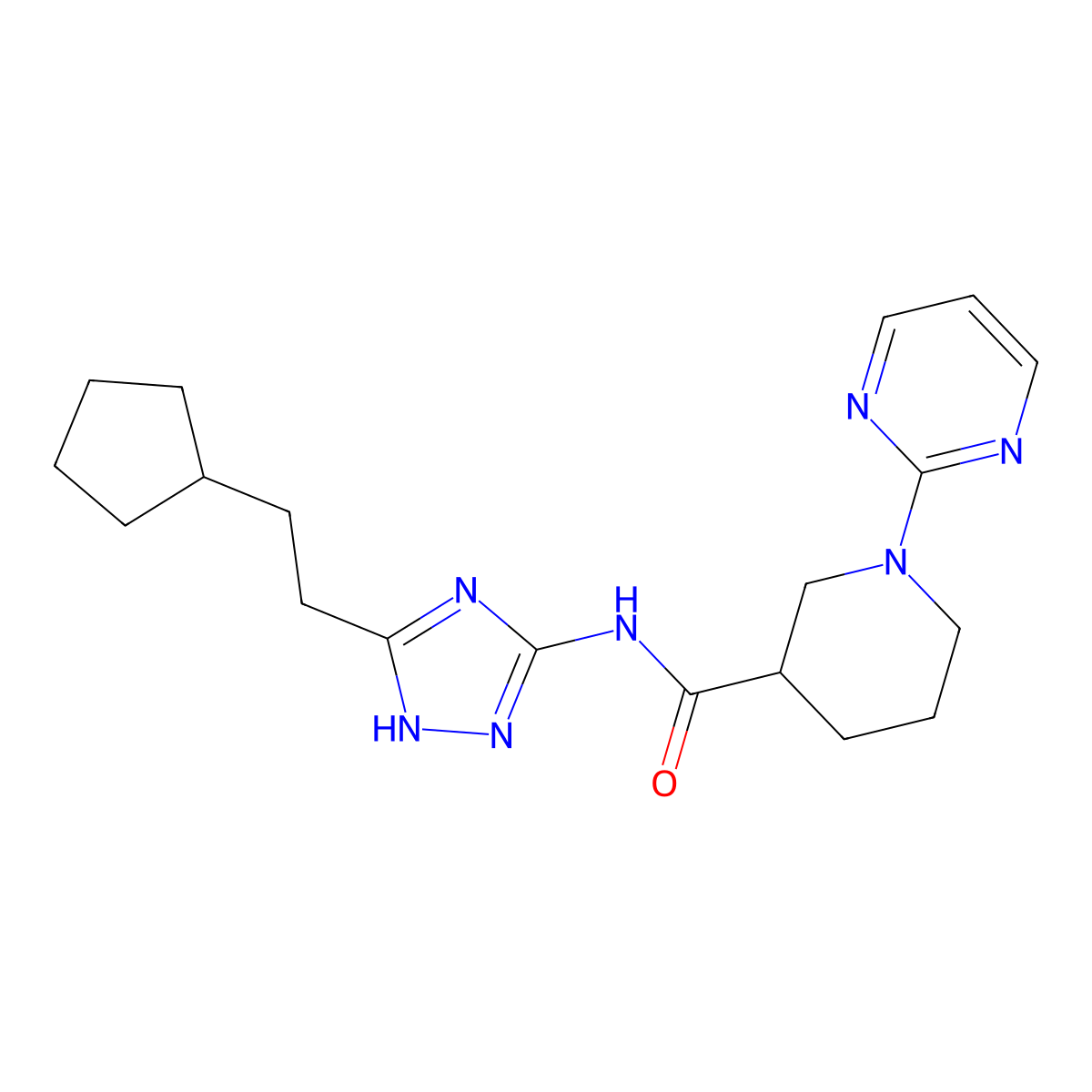 N-[3-(2-cyclopentylethyl)-1H-1,2,4-triazol-5-yl]-1-(pyrimidin-2-yl)piperidine-3-carboxamide molecular structure, CAS 1630873-54-9