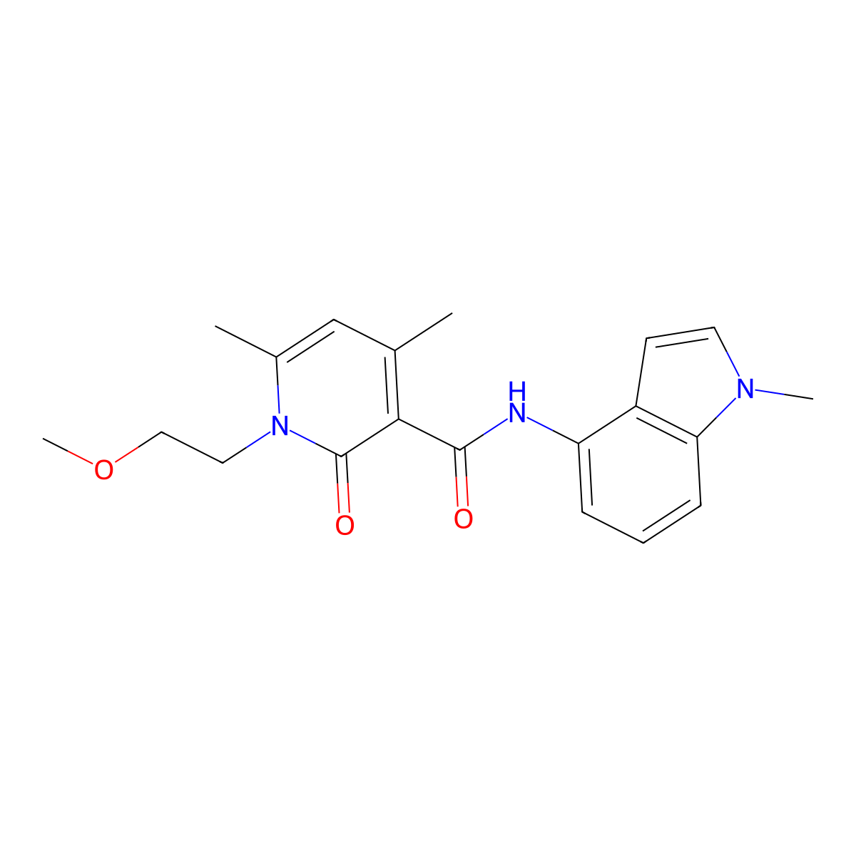1-(2-methoxyethyl)-4,6-dimethyl-N-(1-methyl-1H-indol-4-yl)-2-oxo-1,2-dihydropyridine-3-carboxamide molecular structure, CAS 1630873-73-2
