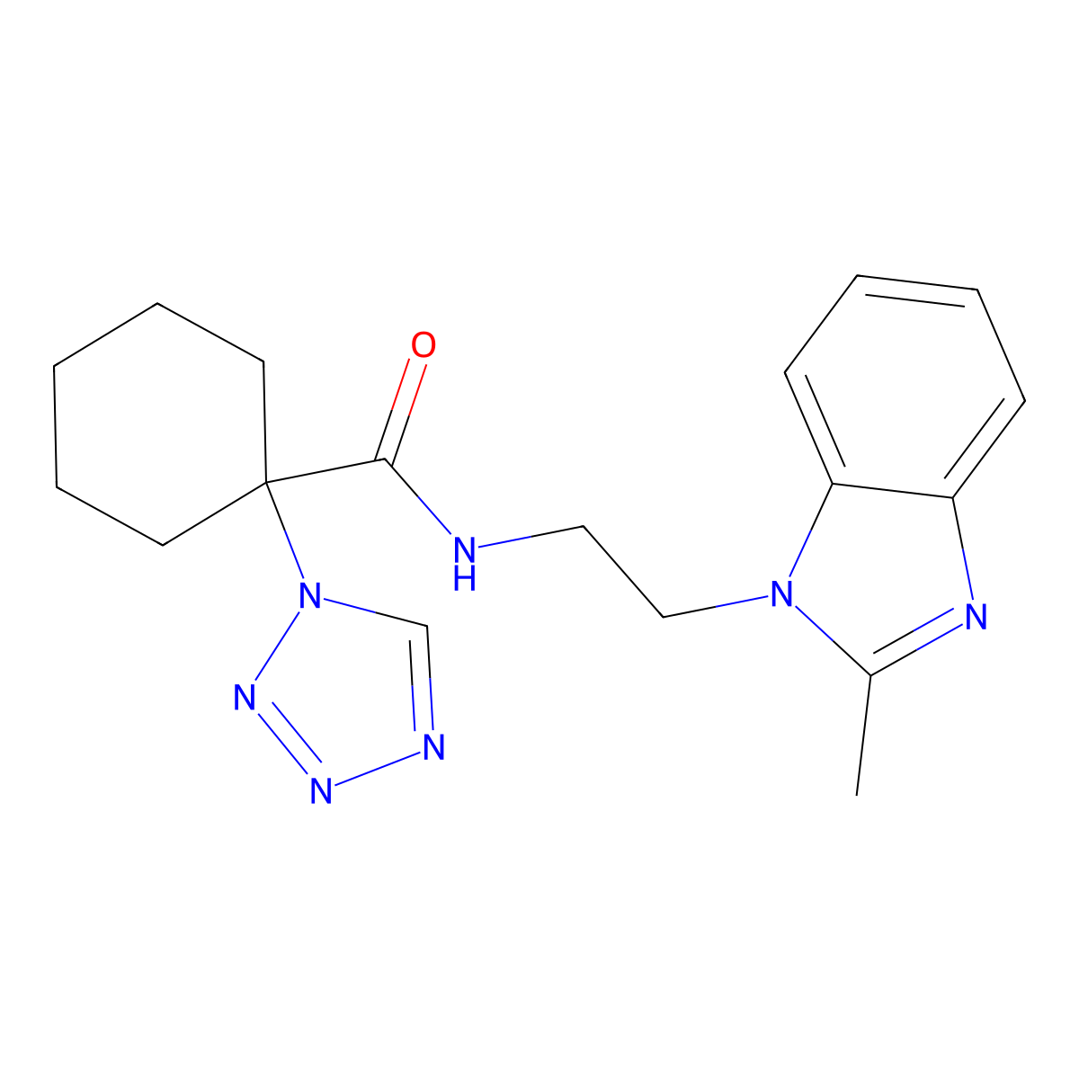 N-[2-(2-methyl-1H-benzimidazol-1-yl)ethyl]-1-(1H-tetrazol-1-yl)cyclohexanecarboxamide molecular structure, CAS 1630899-28-3