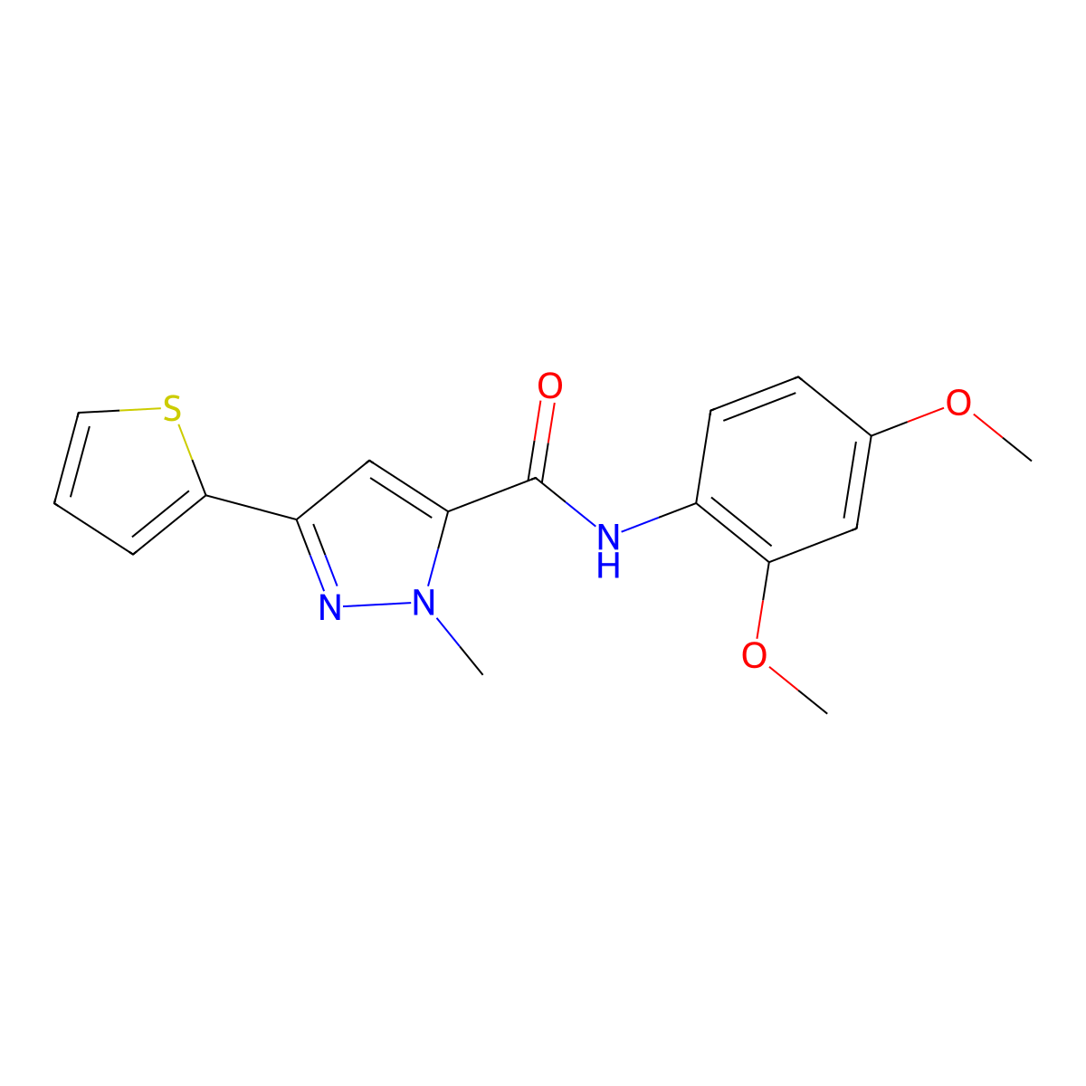 N-(2,4-dimethoxyphenyl)-1-methyl-3-(thiophen-2-yl)-1H-pyrazole-5-carboxamide molecular structure, CAS 1630899-50-1