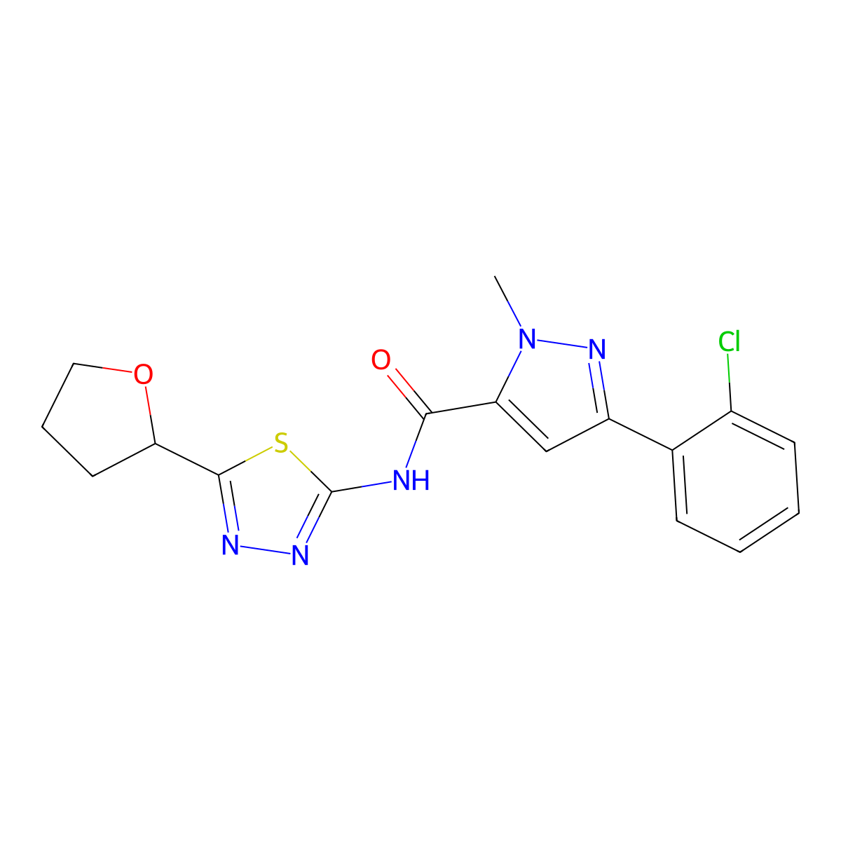 3-(2-chlorophenyl)-1-methyl-N-[5-(tetrahydrofuran-2-yl)-1,3,4-thiadiazol-2-yl]-1H-pyrazole-5-carboxamide molecular structure, CAS 1630899-51-2