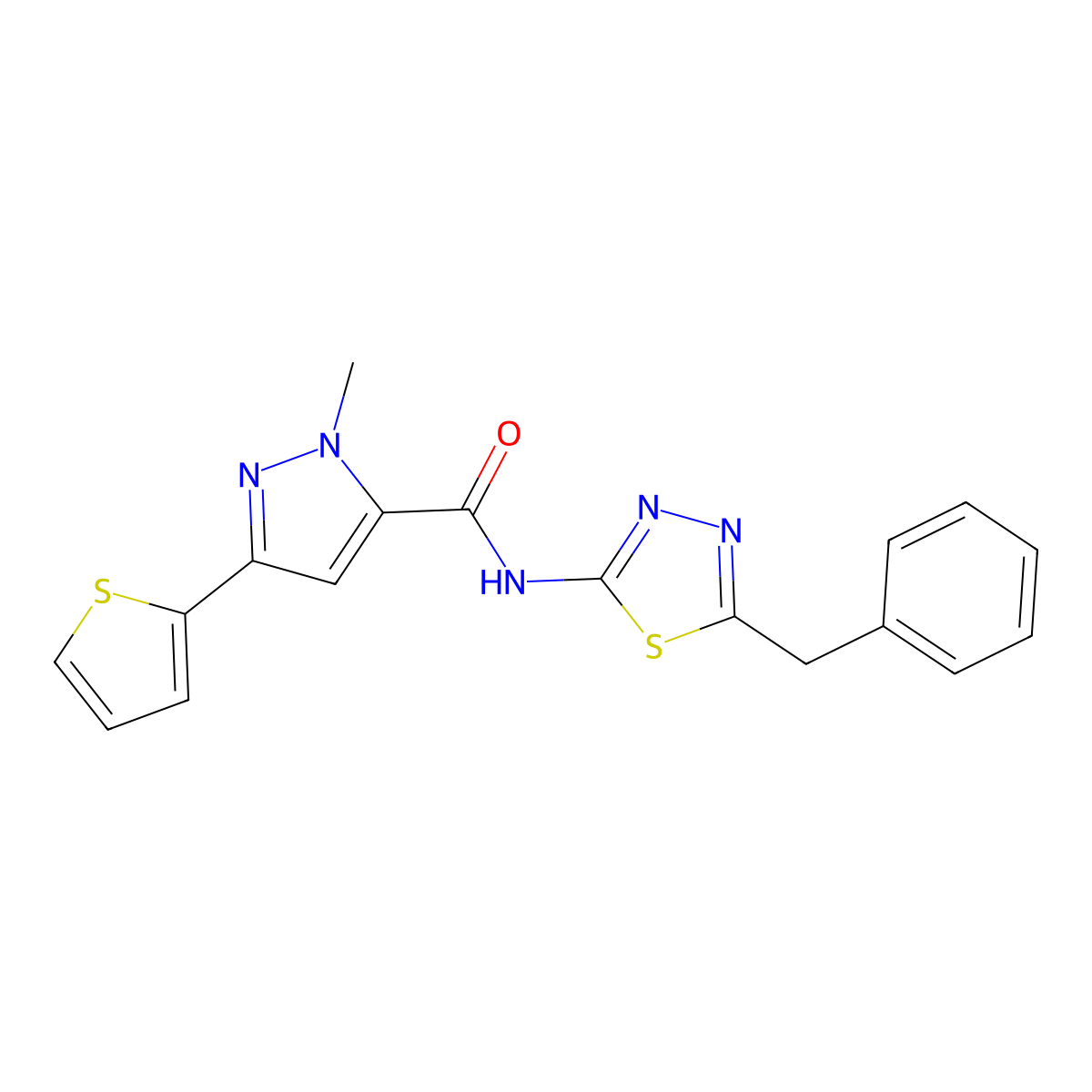 N-(5-benzyl-1,3,4-thiadiazol-2-yl)-1-methyl-3-(thiophen-2-yl)-1H-pyrazole-5-carboxamide molecular structure, CAS 1630899-71-6