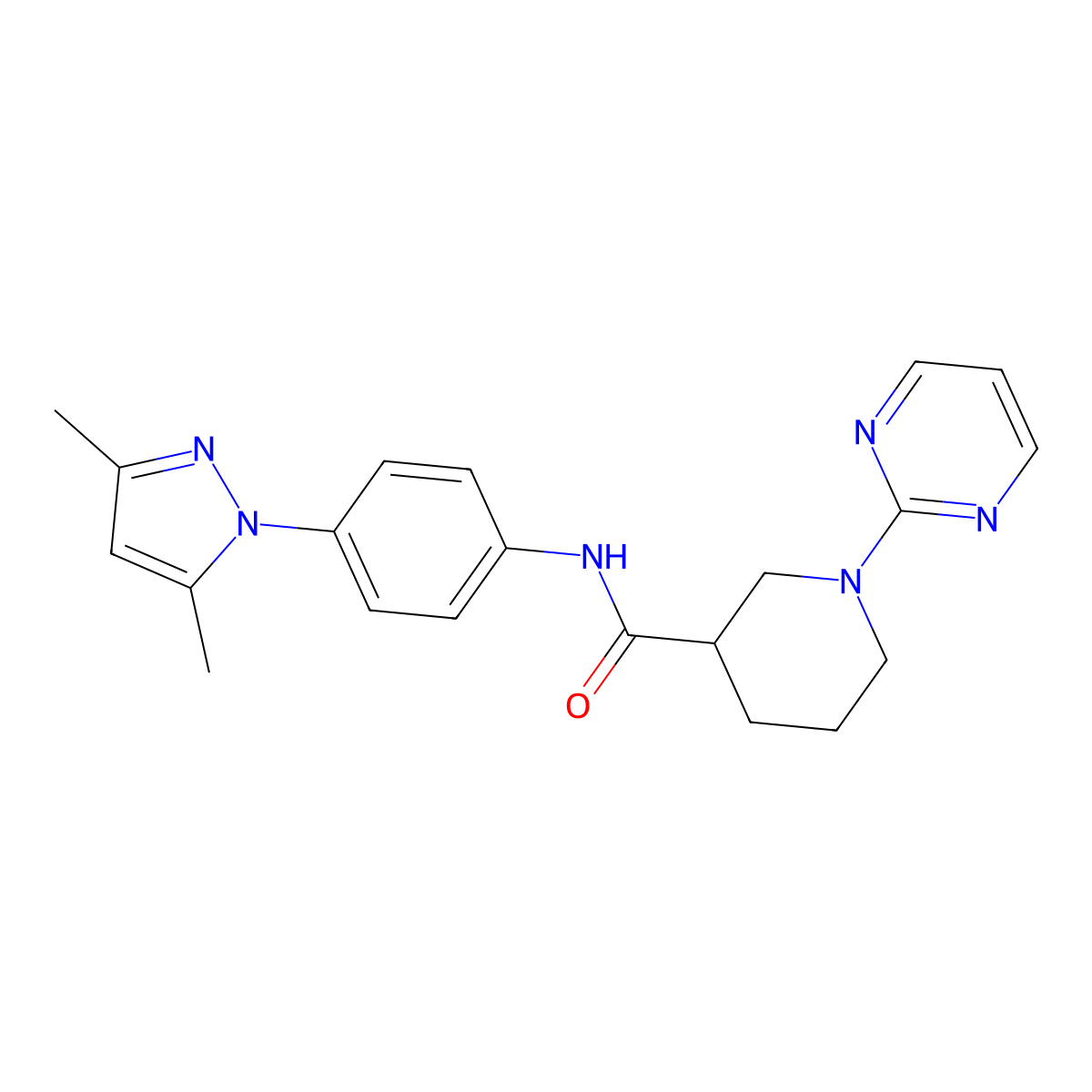 N-[4-(3,5-dimethyl-1H-pyrazol-1-yl)phenyl]-1-(pyrimidin-2-yl)piperidine-3-carboxamide molecular structure, CAS 1630899-76-1