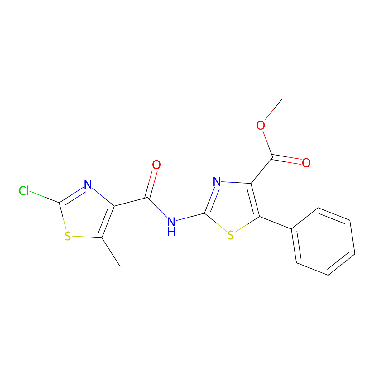 Methyl 2-{[(2-chloro-5-methyl-1,3-thiazol-4-yl)carbonyl]amino}-5-phenyl-1,3-thiazole-4-carboxylate molecular structure, CAS 1630900-24-1