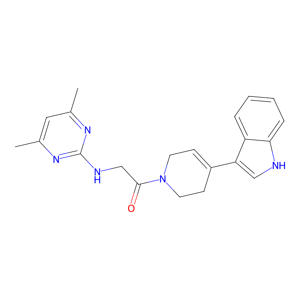 2-[(4,6-dimethylpyrimidin-2-yl)amino]-1-[4-(1H-indol-3-yl)-3,6-dihydropyridin-1(2H)-yl]ethanone molecular structure, CAS 1630900-51-4