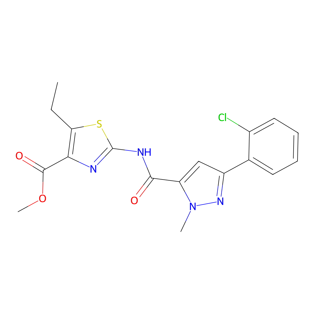 methyl 2-({[3-(2-chlorophenyl)-1-methyl-1H-pyrazol-5-yl]carbonyl}amino)-5-ethyl-1,3-thiazole-4-carboxylate molecular structure, CAS 1630900-62-7