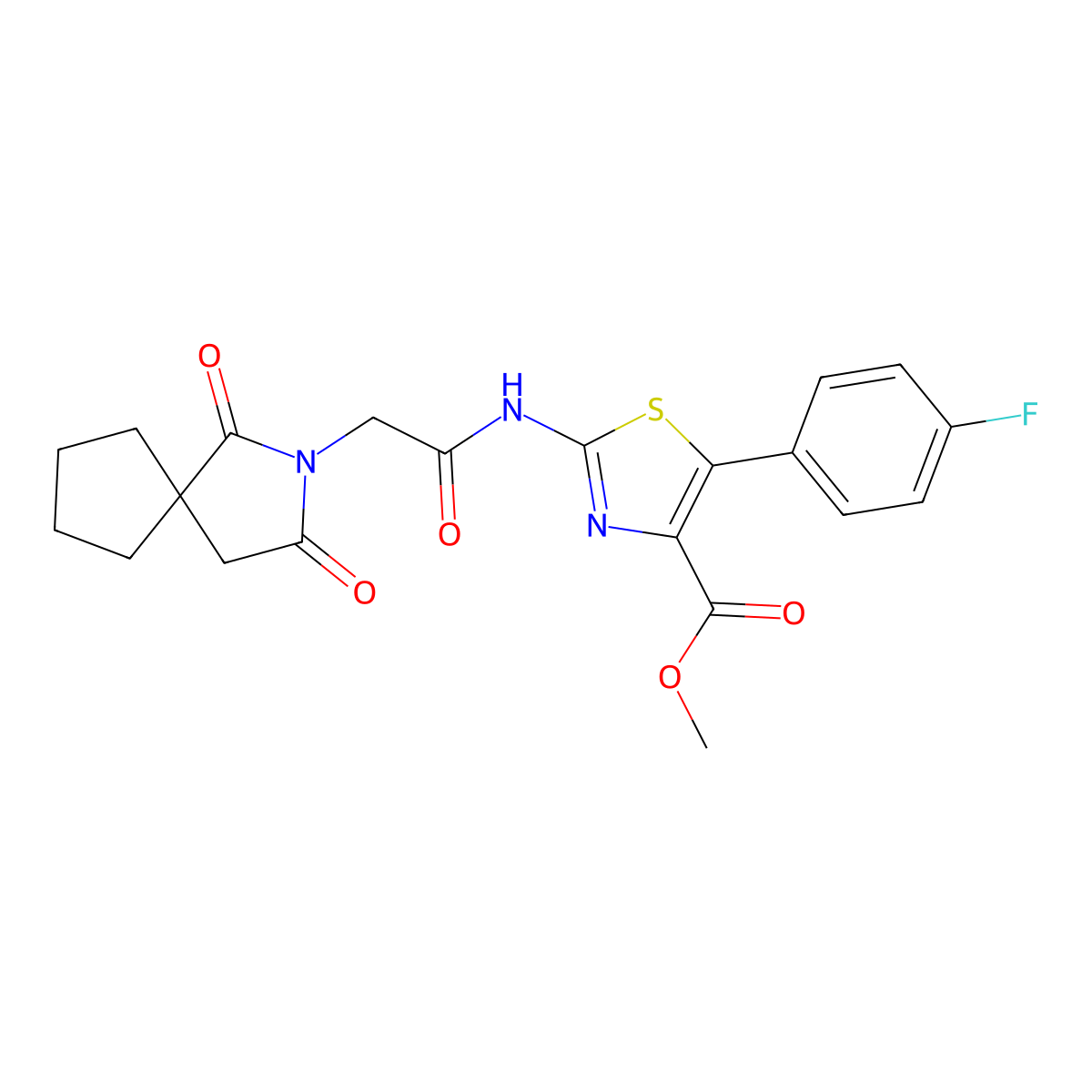 Methyl 2-{[(1,3-dioxo-2-azaspiro[4.4]non-2-yl)acetyl]amino}-5-(4-fluorophenyl)-1,3-thiazole-4-carboxylate molecular structure, CAS 1630900-63-8