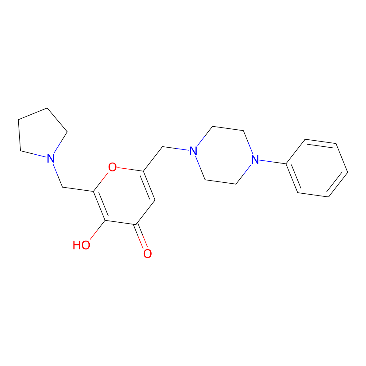 3-hydroxy-6-((4-phenylpiperazin-1-yl)methyl)-2-(pyrrolidin-1-ylmethyl)-4H-pyran-4-one molecular structure, CAS 1630900-73-0