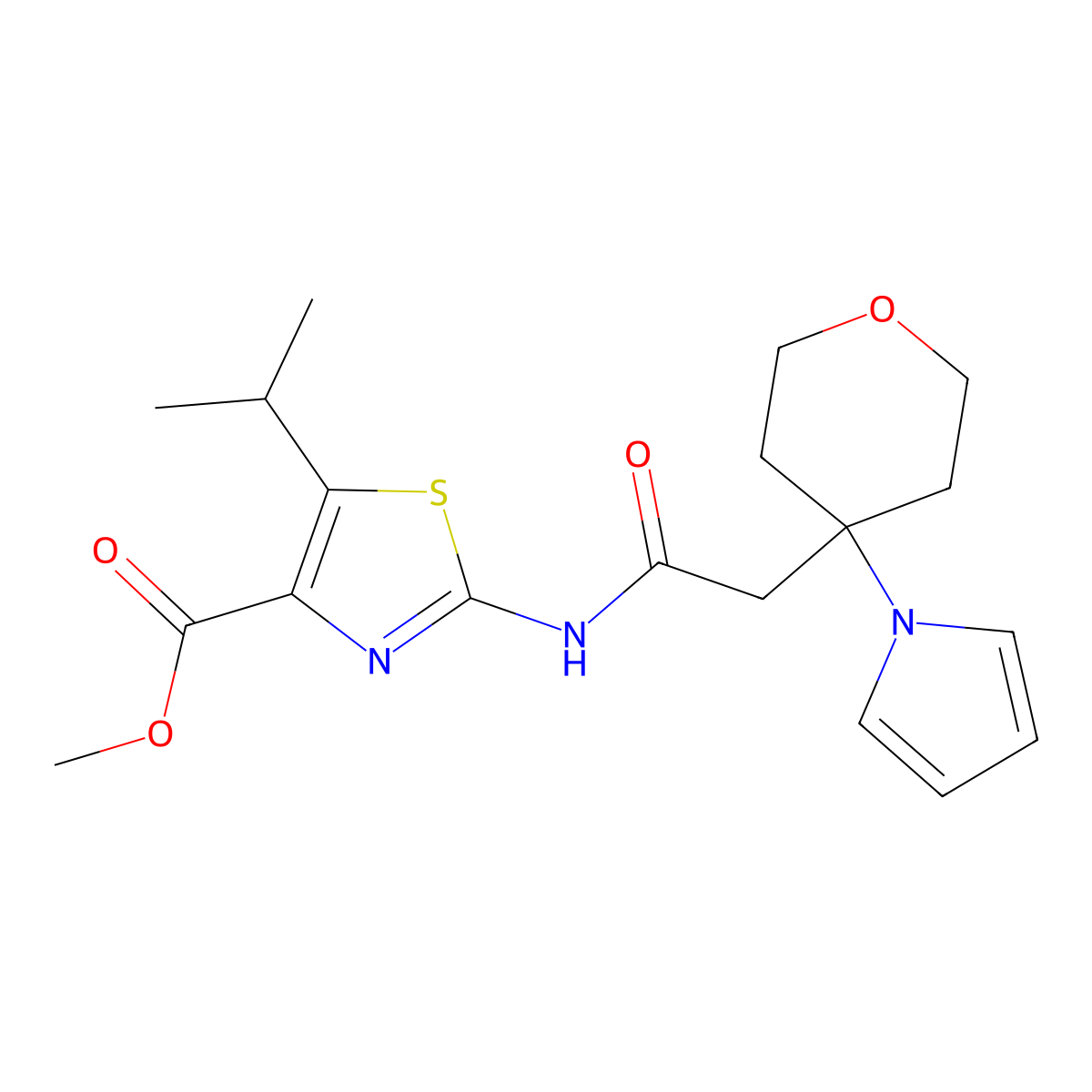 methyl 5-(propan-2-yl)-2-({[4-(1H-pyrrol-1-yl)tetrahydro-2H-pyran-4-yl]acetyl}amino)-1,3-thiazole-4-carboxylate molecular structure, CAS 1630900-80-9