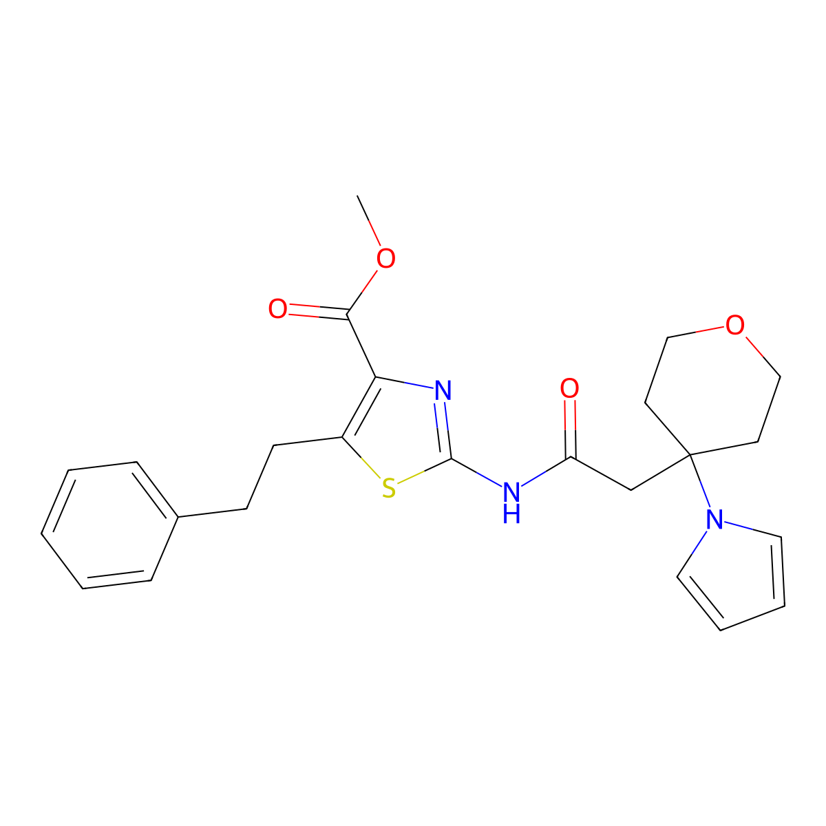 methyl 5-(2-phenylethyl)-2-({[4-(1H-pyrrol-1-yl)tetrahydro-2H-pyran-4-yl]acetyl}amino)-1,3-thiazole-4-carboxylate molecular structure, CAS 1630901-00-6