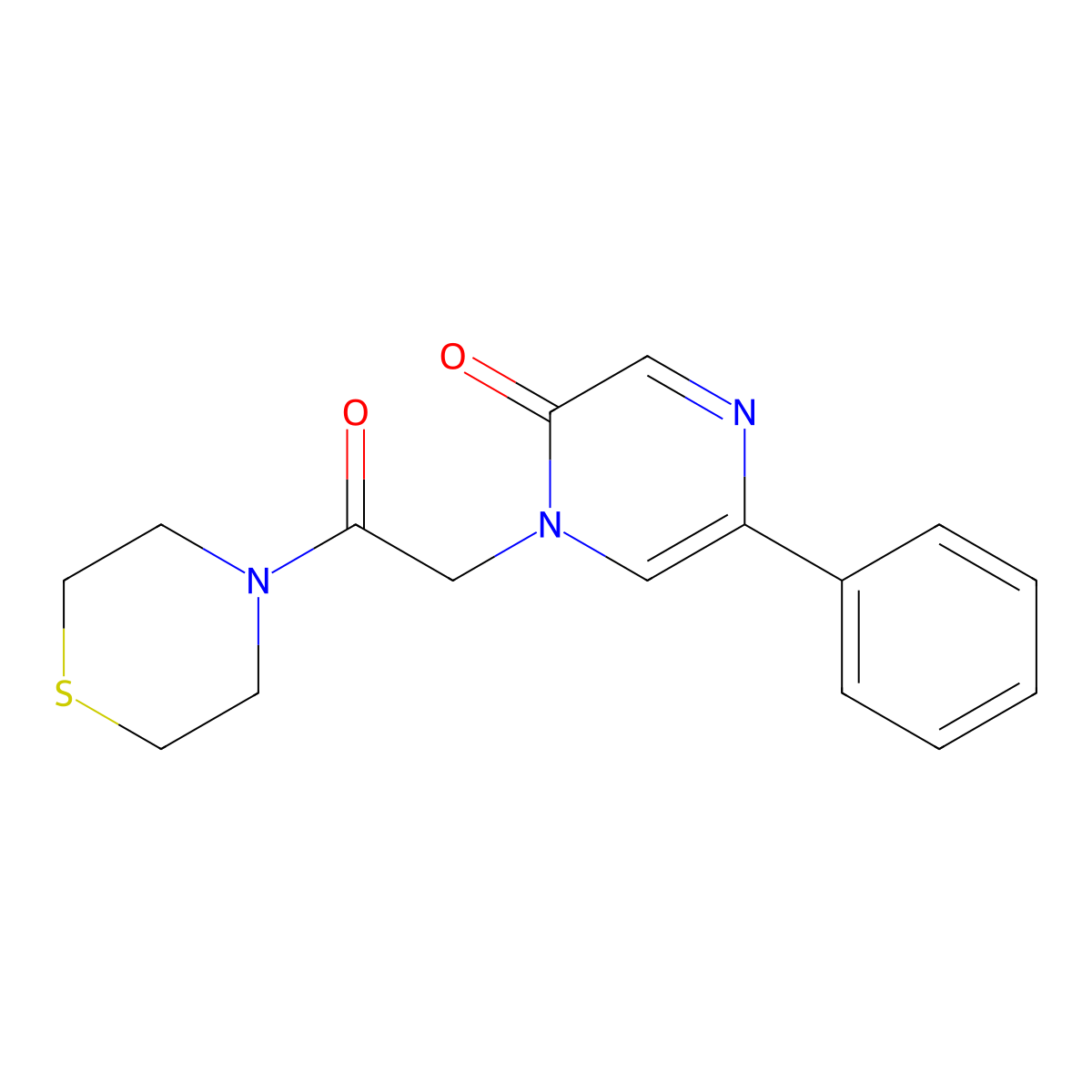1-[2-oxo-2-(thiomorpholin-4-yl)ethyl]-5-phenylpyrazin-2(1H)-one molecular structure, CAS 1630901-16-4