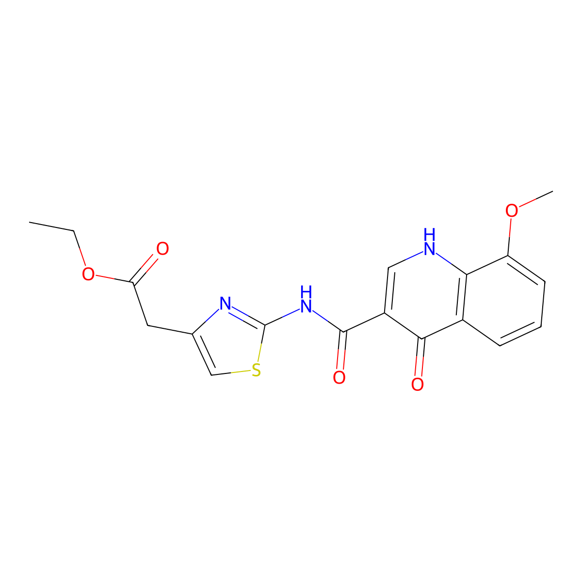 Ethyl (2-{[(4-hydroxy-8-methoxyquinolin-3-yl)carbonyl]amino}-1,3-thiazol-4-yl)acetate molecular structure, CAS 1630901-19-7