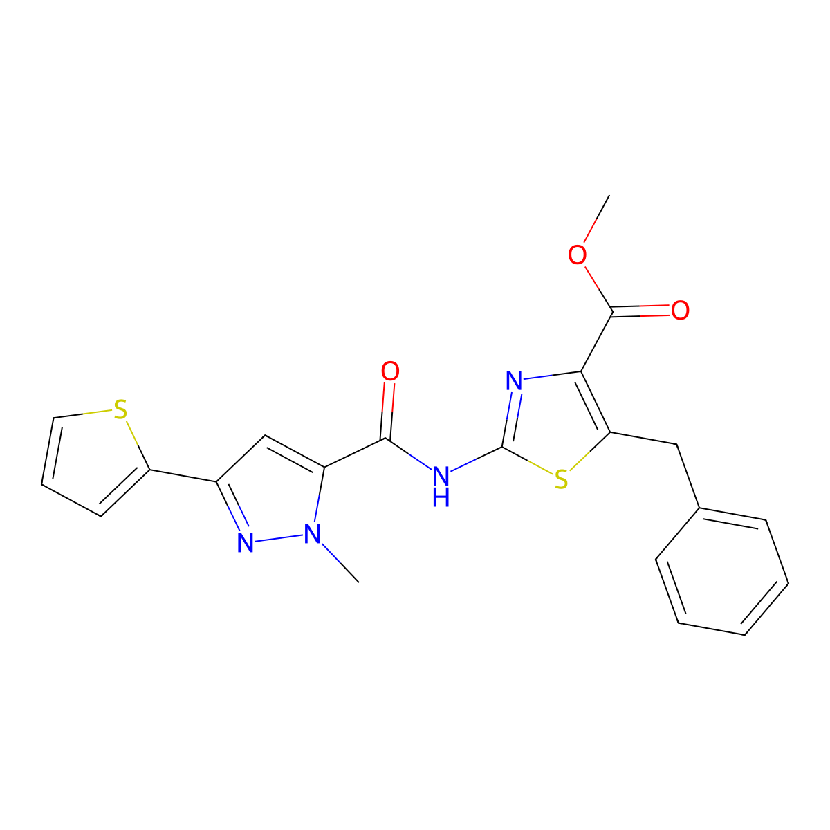 methyl 5-benzyl-2-({[1-methyl-3-(thiophen-2-yl)-1H-pyrazol-5-yl]carbonyl}amino)-1,3-thiazole-4-carboxylate molecular structure, CAS 1630902-88-3