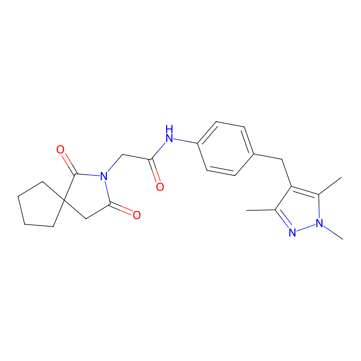 2-(1,3-dioxo-2-azaspiro[4.4]non-2-yl)-N-{4-[(1,3,5-trimethyl-1H-pyrazol-4-yl)methyl]phenyl}acetamide molecular structure, CAS 1630903-08-0