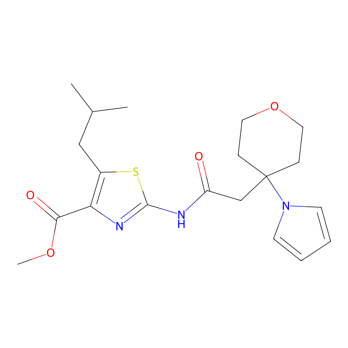 methyl 5-(2-methylpropyl)-2-({[4-(1H-pyrrol-1-yl)tetrahydro-2H-pyran-4-yl]acetyl}amino)-1,3-thiazole-4-carboxylate molecular structure, CAS 1630903-15-9
