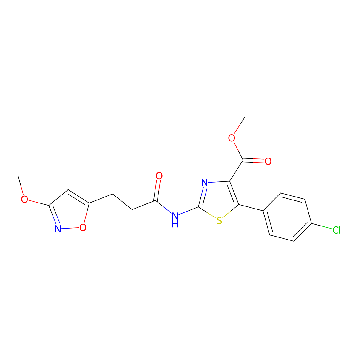 Methyl 5-(4-chlorophenyl)-2-{[3-(3-methoxy-1,2-oxazol-5-yl)propanoyl]amino}-1,3-thiazole-4-carboxylate molecular structure, CAS 1630903-29-5