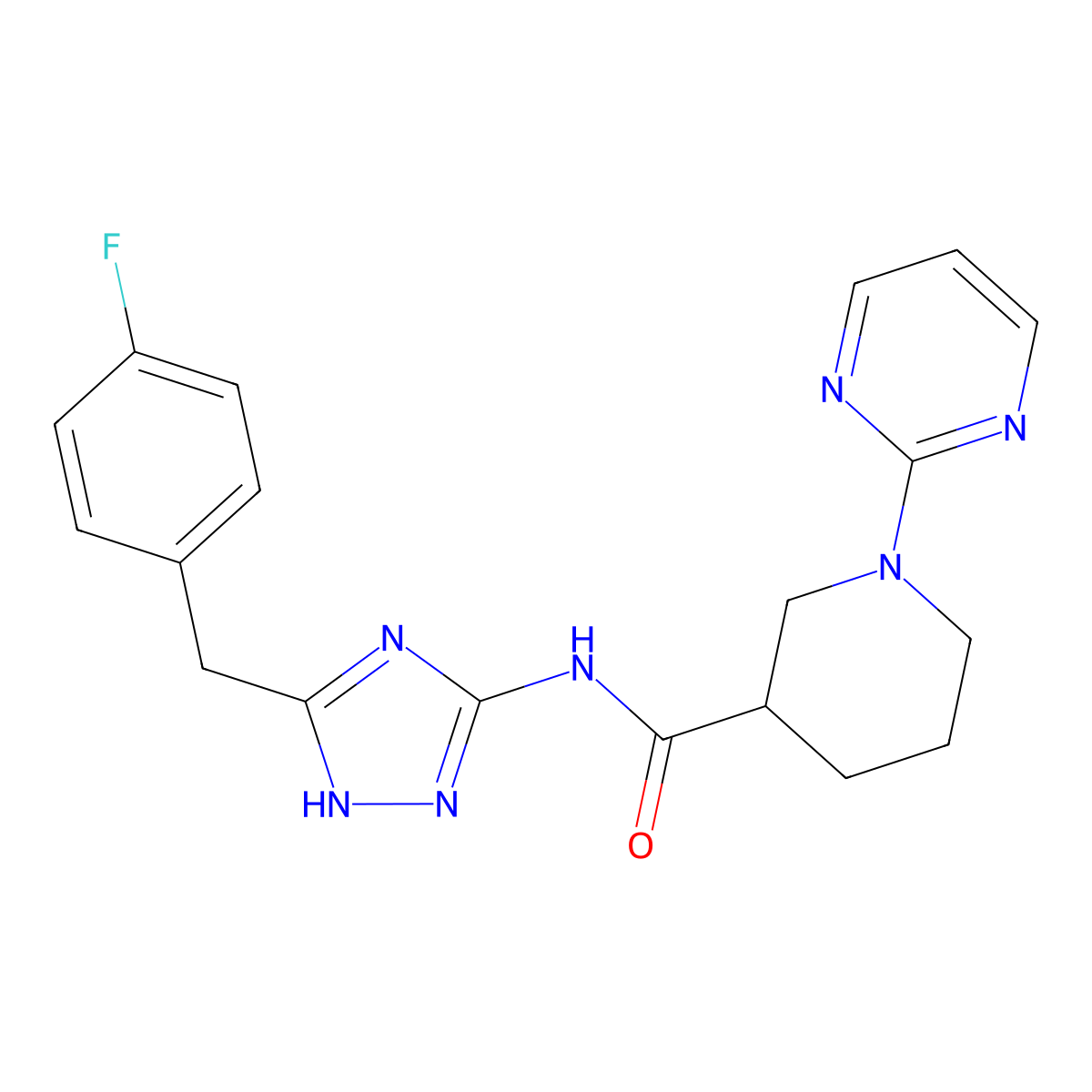 N-[3-(4-fluorobenzyl)-1H-1,2,4-triazol-5-yl]-1-(pyrimidin-2-yl)piperidine-3-carboxamide molecular structure, CAS 1630903-37-5