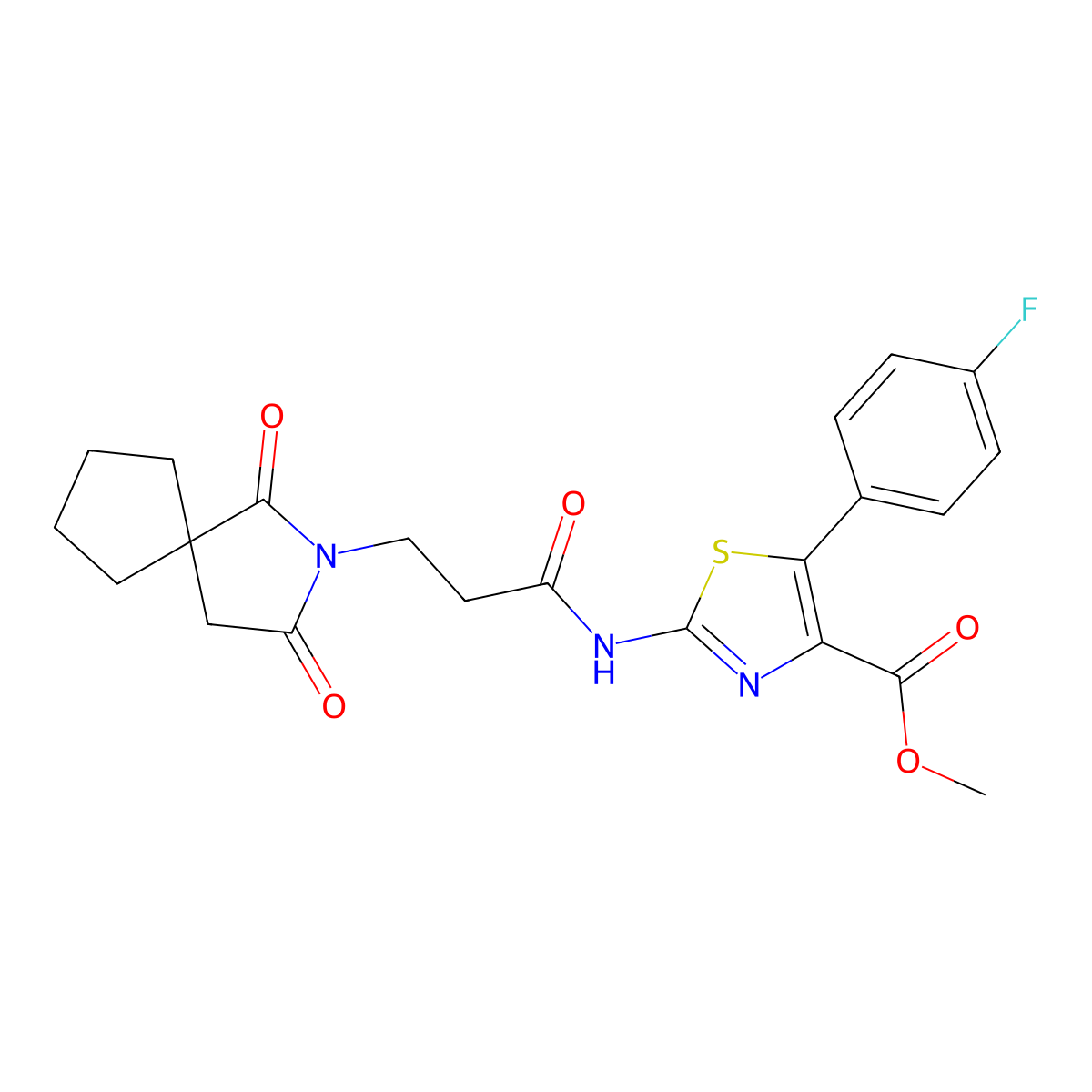 Methyl 2-{[3-(1,3-dioxo-2-azaspiro[4.4]non-2-yl)propanoyl]amino}-5-(4-fluorophenyl)-1,3-thiazole-4-carboxylate molecular structure, CAS 1630903-50-2