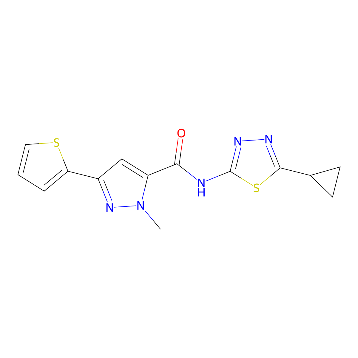 N-(5-cyclopropyl-1,3,4-thiadiazol-2-yl)-1-methyl-3-(thiophen-2-yl)-1H-pyrazole-5-carboxamide molecular structure, CAS 1630903-51-3