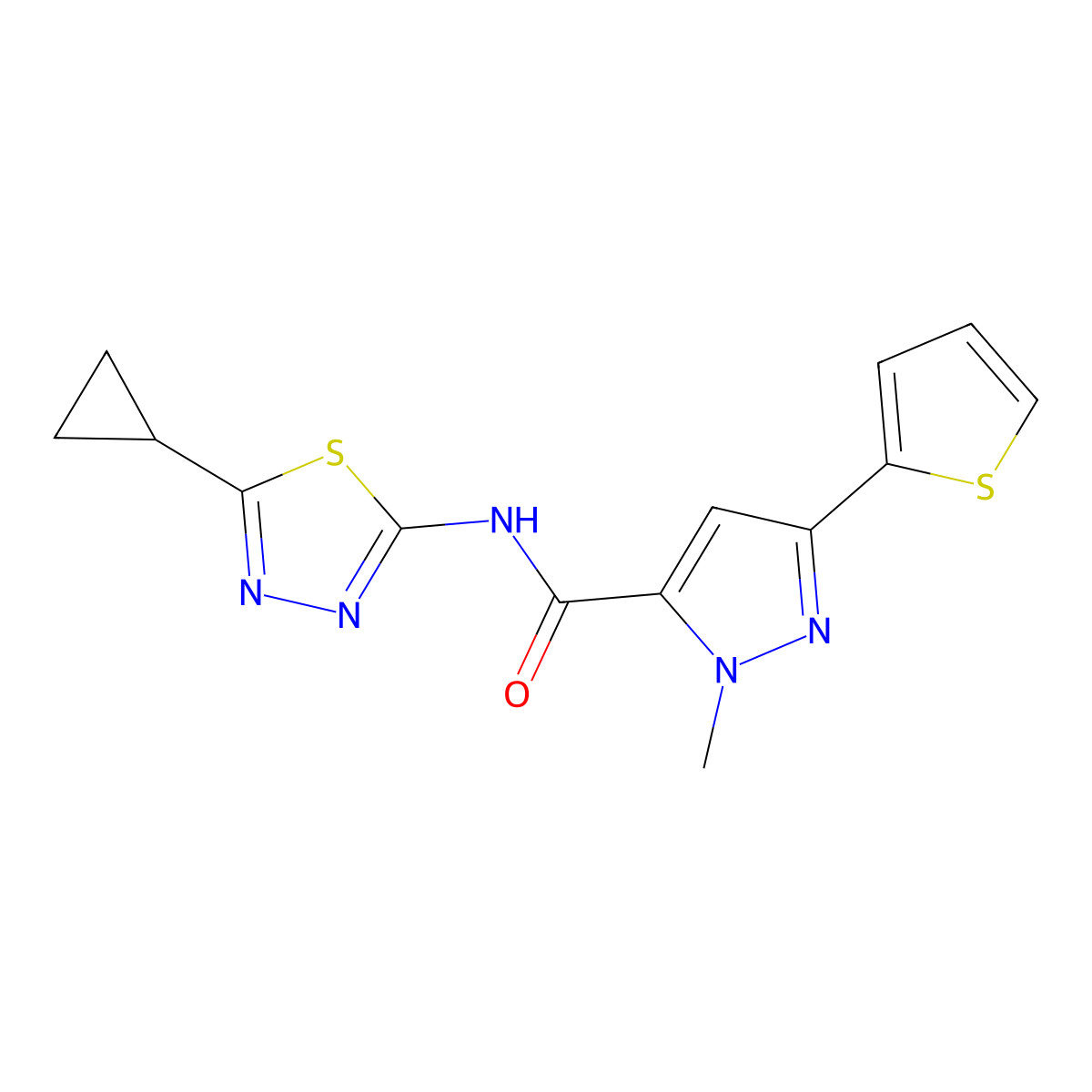 N-(5-cyclopropyl-1,3,4-thiadiazol-2-yl)-1-methyl-3-(thiophen-2-yl)-1H-pyrazole-5-carboxamide molecular structure, CAS 1630903-51-3
