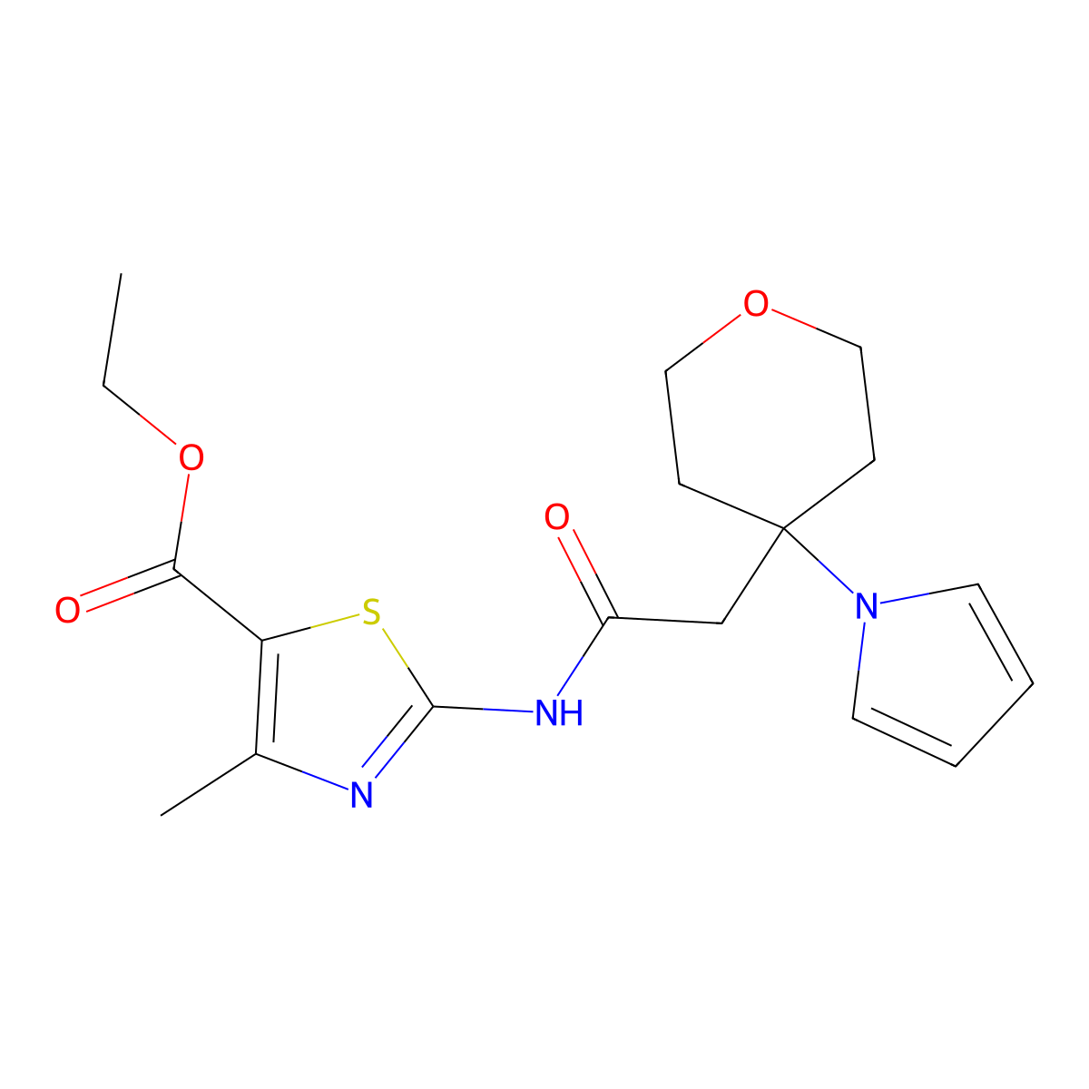 ethyl 4-methyl-2-({[4-(1H-pyrrol-1-yl)tetrahydro-2H-pyran-4-yl]acetyl}amino)-1,3-thiazole-5-carboxylate molecular structure, CAS 1630904-09-4