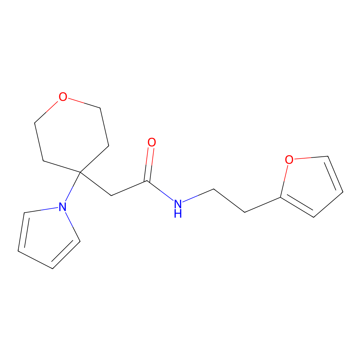 N-[2-(furan-2-yl)ethyl]-2-[4-(1H-pyrrol-1-yl)tetrahydro-2H-pyran-4-yl]acetamide molecular structure, CAS 1630904-28-7