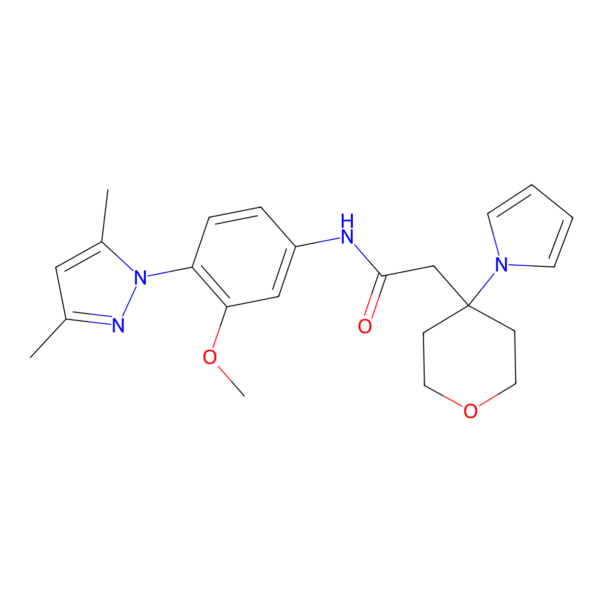 N-[4-(3,5-dimethyl-1H-pyrazol-1-yl)-3-methoxyphenyl]-2-[4-(1H-pyrrol-1-yl)tetrahydro-2H-pyran-4-yl]acetamide molecular structure, CAS 1630904-63-0