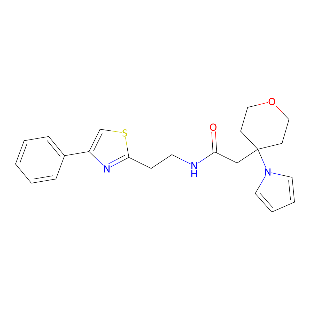 N-[2-(4-phenyl-1,3-thiazol-2-yl)ethyl]-2-[4-(1H-pyrrol-1-yl)tetrahydro-2H-pyran-4-yl]acetamide molecular structure, CAS 1630904-68-5