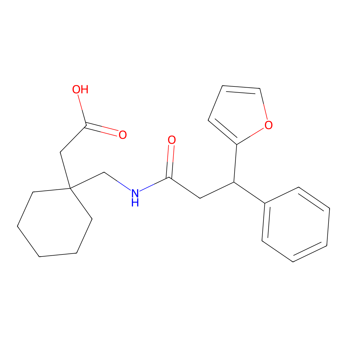 [1-({[3-(Furan-2-yl)-3-phenylpropanoyl]amino}methyl)cyclohexyl]acetic acid molecular structure, CAS 1630904-81-2