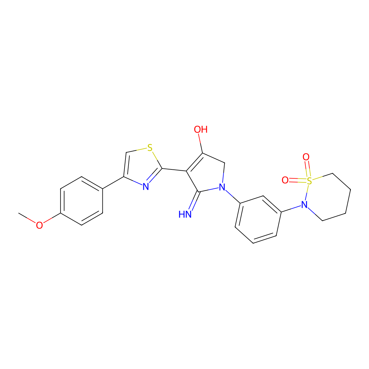 1-[3-(1,1-dioxido-1,2-thiazinan-2-yl)phenyl]-5-imino-4-[4-(4-methoxyphenyl)-1,3-thiazol-2-yl]-2,5-dihydro-1H-pyrrol-3-ol molecular structure, CAS 1630904-86-7