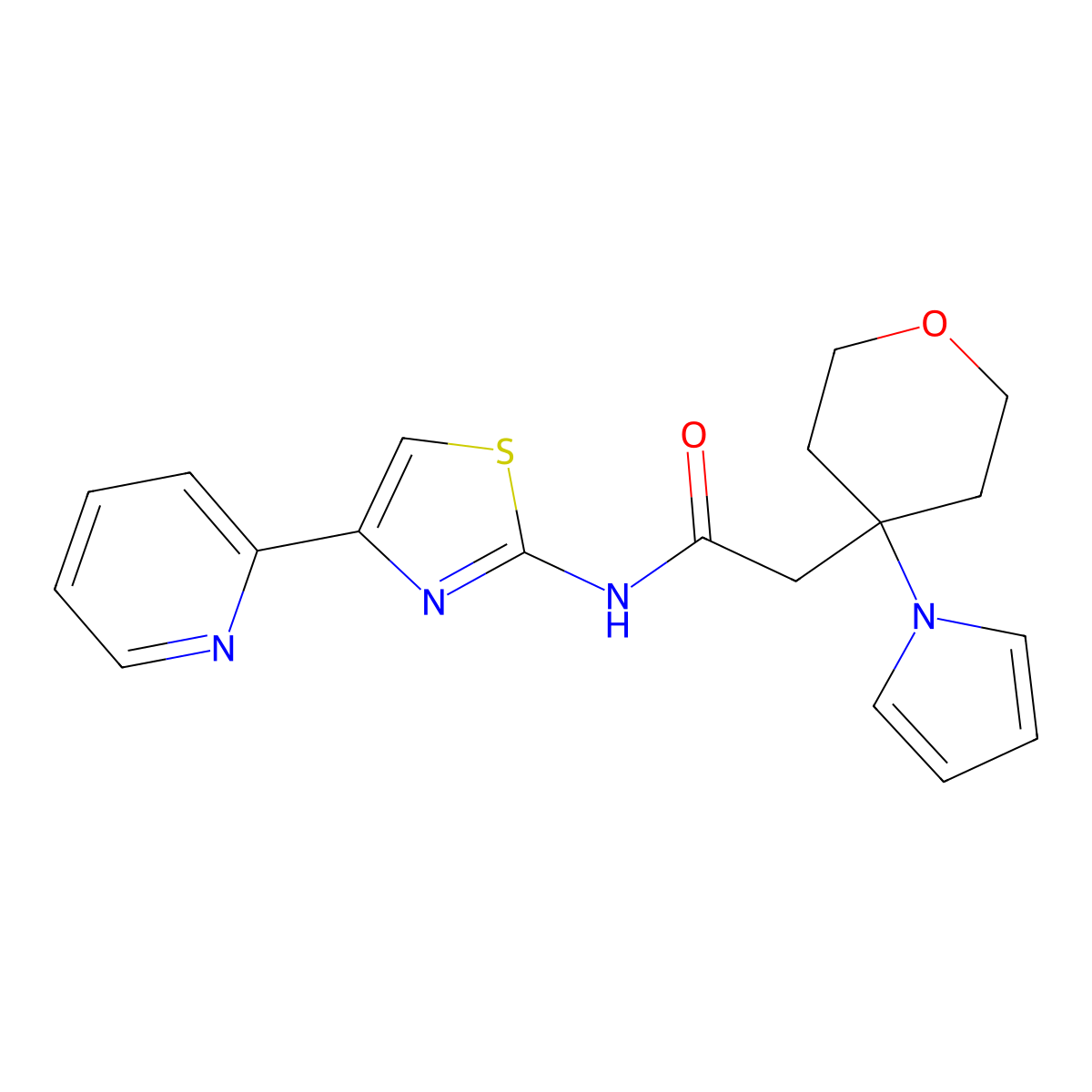 N-[4-(pyridin-2-yl)-1,3-thiazol-2-yl]-2-[4-(1H-pyrrol-1-yl)tetrahydro-2H-pyran-4-yl]acetamide molecular structure, CAS 1630904-96-9
