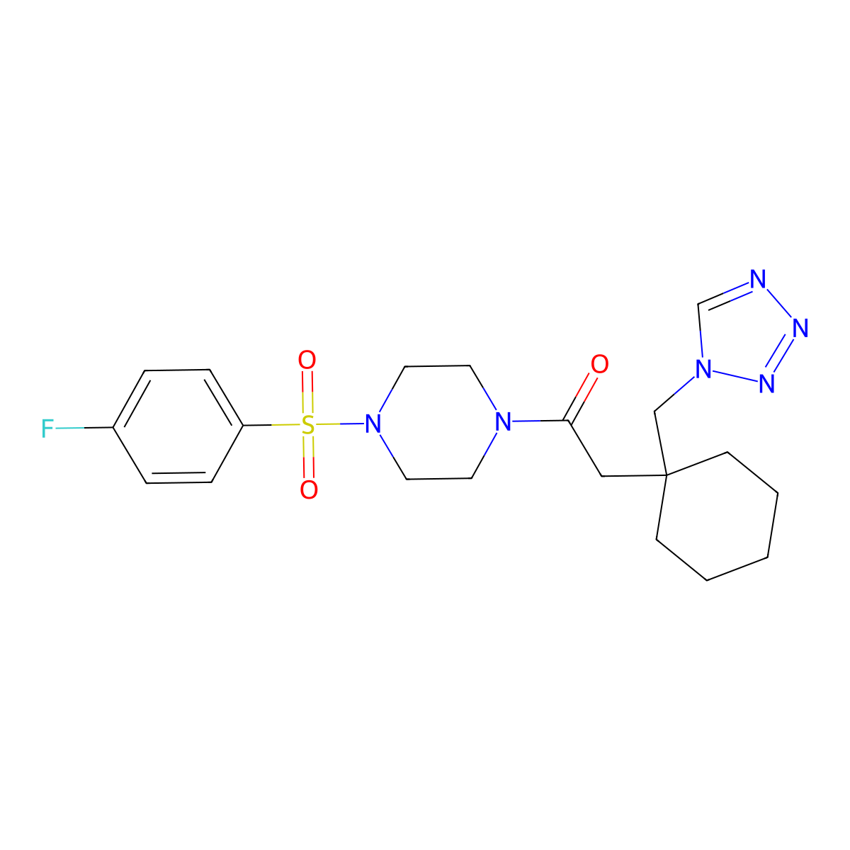 1-{4-[(4-fluorophenyl)sulfonyl]piperazin-1-yl}-2-[1-(1H-tetrazol-1-ylmethyl)cyclohexyl]ethanone molecular structure, CAS 1630905-09-7