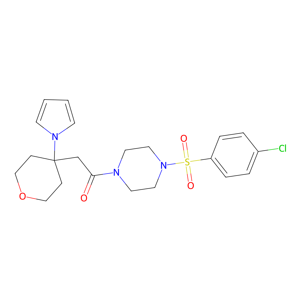 1-{4-[(4-chlorophenyl)sulfonyl]piperazin-1-yl}-2-[4-(1H-pyrrol-1-yl)tetrahydro-2H-pyran-4-yl]ethanone molecular structure, CAS 1630905-20-2