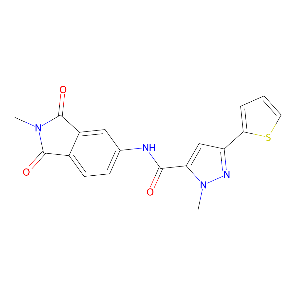 1-methyl-N-(2-methyl-1,3-dioxo-2,3-dihydro-1H-isoindol-5-yl)-3-(thiophen-2-yl)-1H-pyrazole-5-carboxamide molecular structure, CAS 1630905-27-9