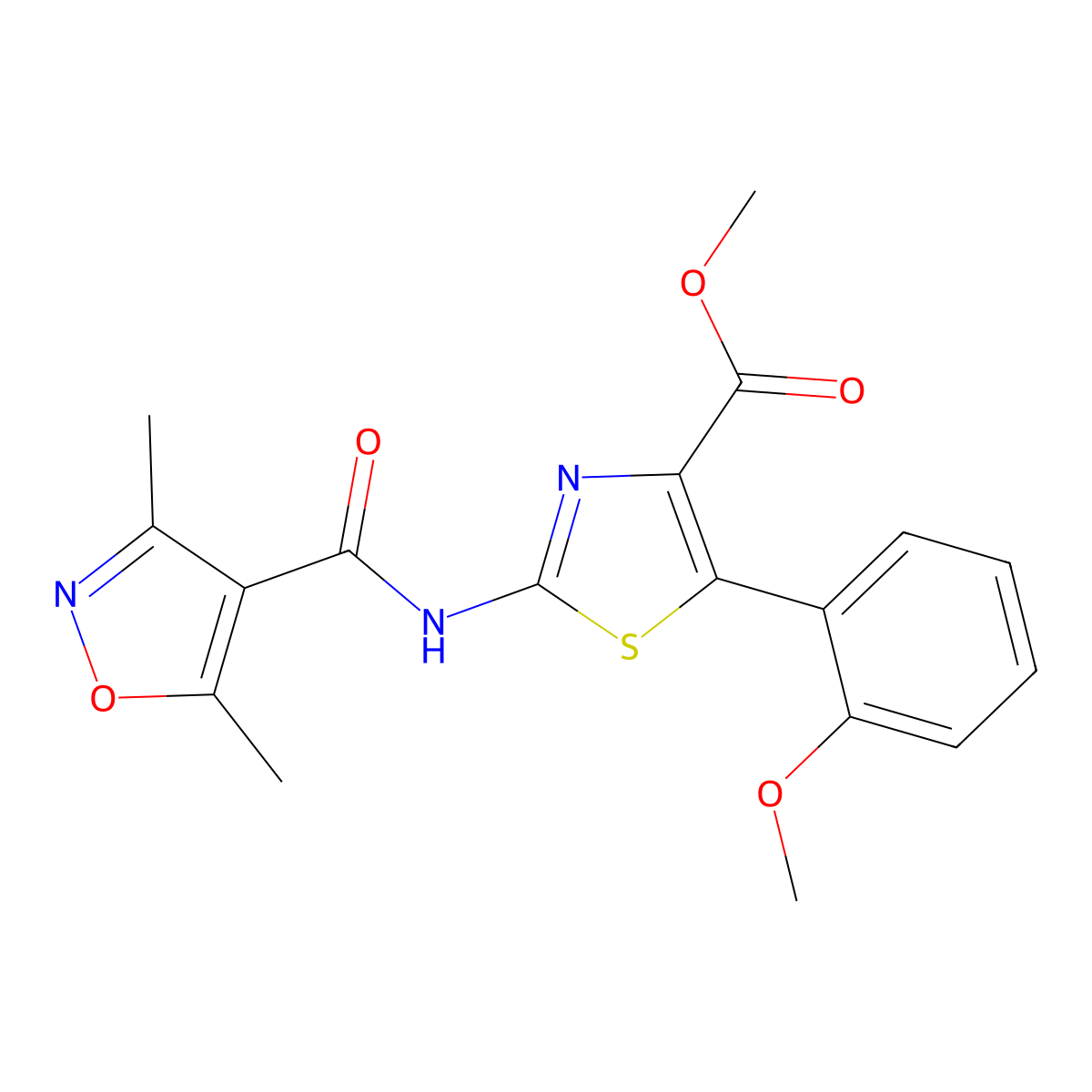 Methyl 2-{[(3,5-dimethyl-1,2-oxazol-4-yl)carbonyl]amino}-5-(2-methoxyphenyl)-1,3-thiazole-4-carboxylate molecular structure, CAS 1630905-54-2