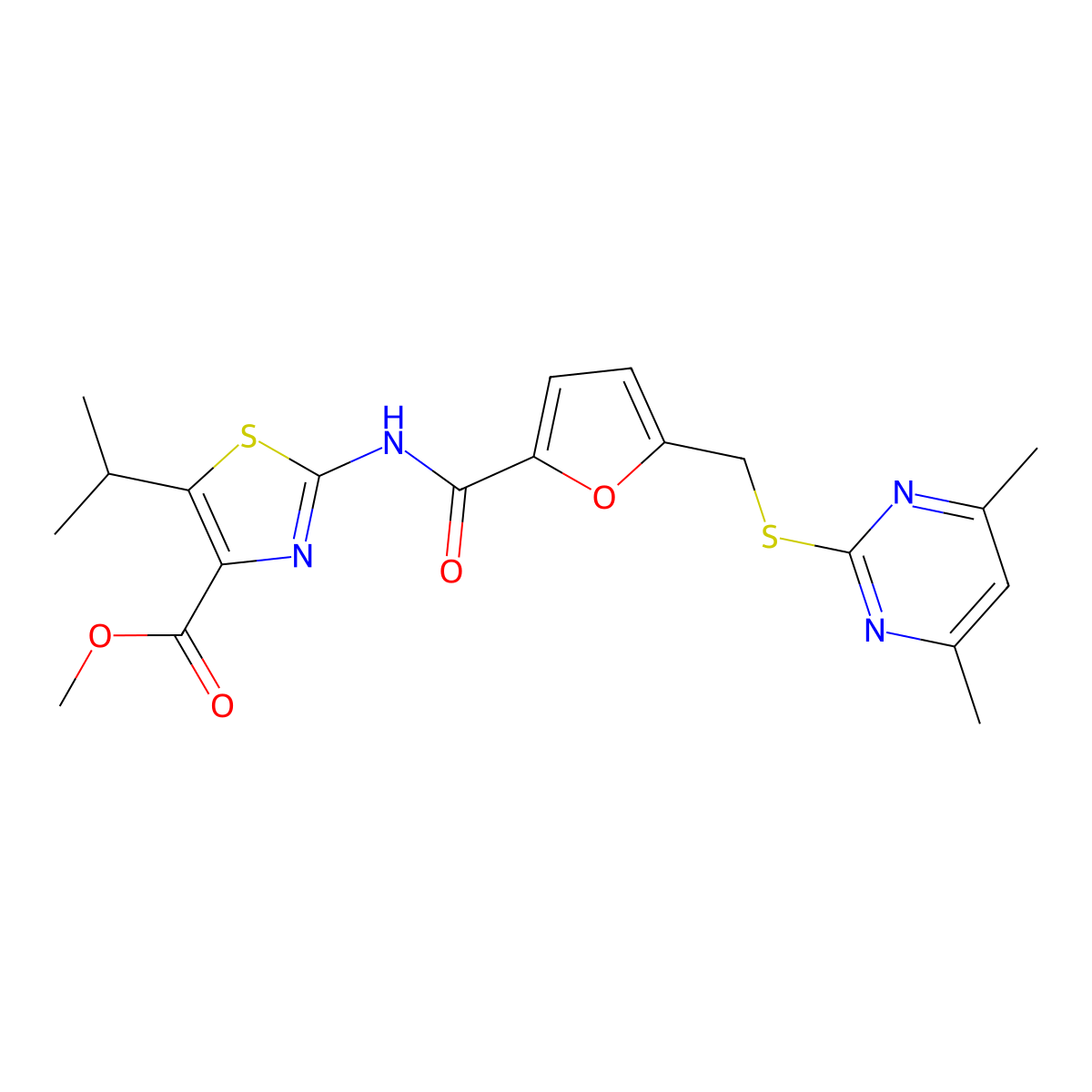 Methyl 2-{[(5-{[(4,6-dimethylpyrimidin-2-yl)sulfanyl]methyl}furan-2-yl)carbonyl]amino}-5-(propan-2-yl)-1,3-thiazole-4-carboxylate molecular structure, CAS 1630906-27-2