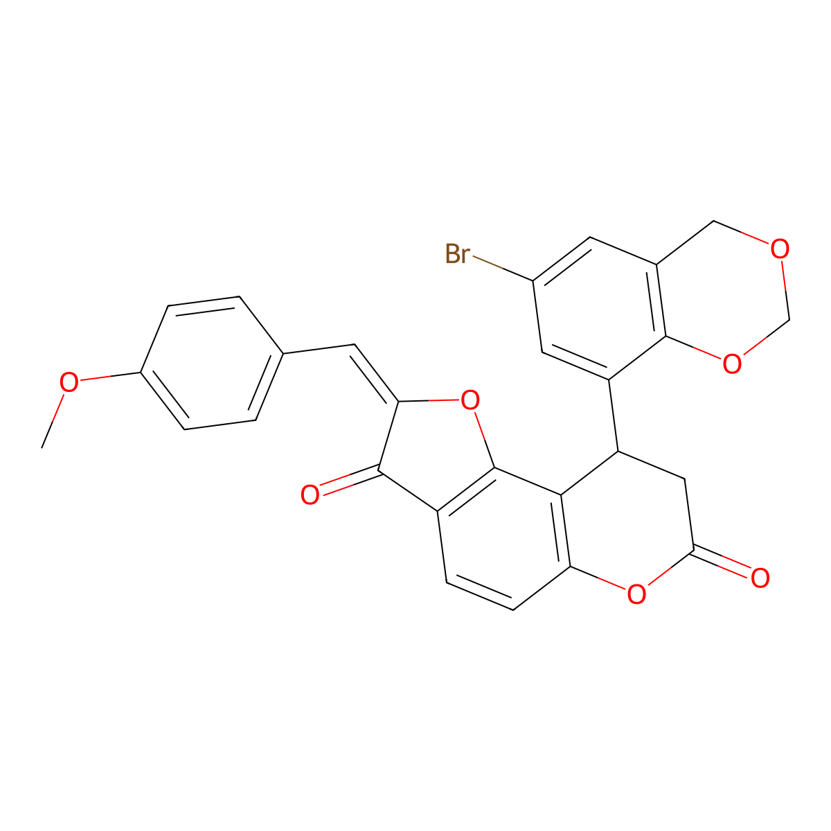7H-Furo[2,3-f][1]benzopyran-3,7(2H)-dione, 9-(6-bromo-4H-1,3-benzodioxin-8-yl)-8,9-dihydro-2-[(4-methoxyphenyl)methylene]- molecular structure, CAS 1630907-48-0