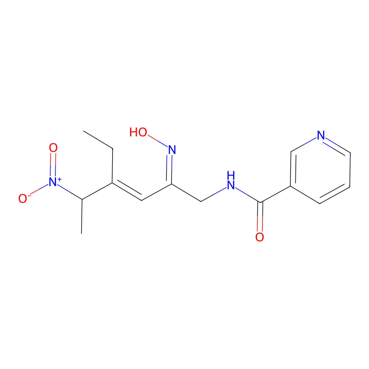 N-(4-ethyl-2-hydroxyimino-5-nitro-3-hexen-1-yl)-3-pyridinecarboxamide molecular structure, CAS 163180-50-5