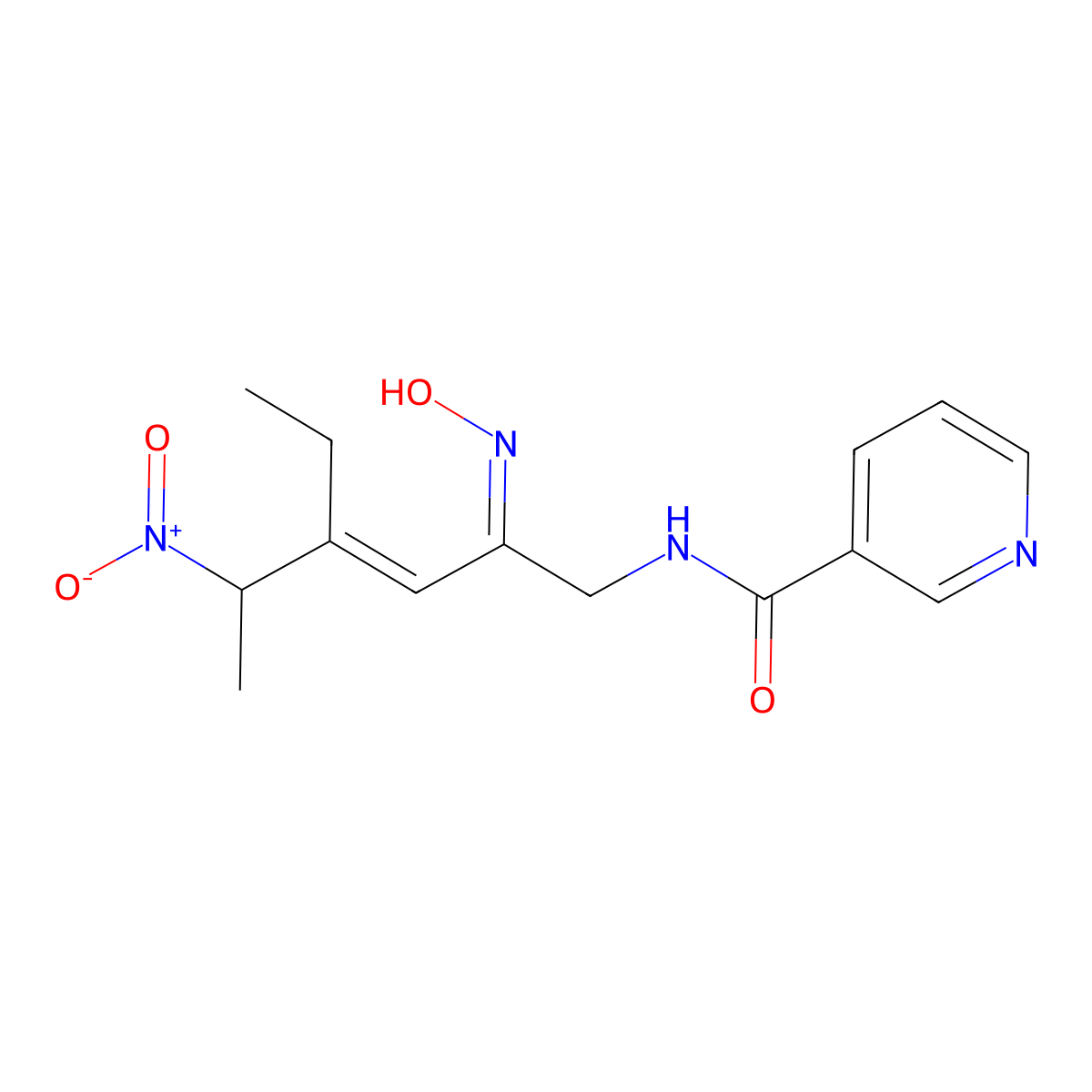 N-(4-ethyl-2-hydroxyimino-5-nitro-3-hexen-1-yl)-3-pyridinecarboxamide molecular structure, CAS 163180-50-5