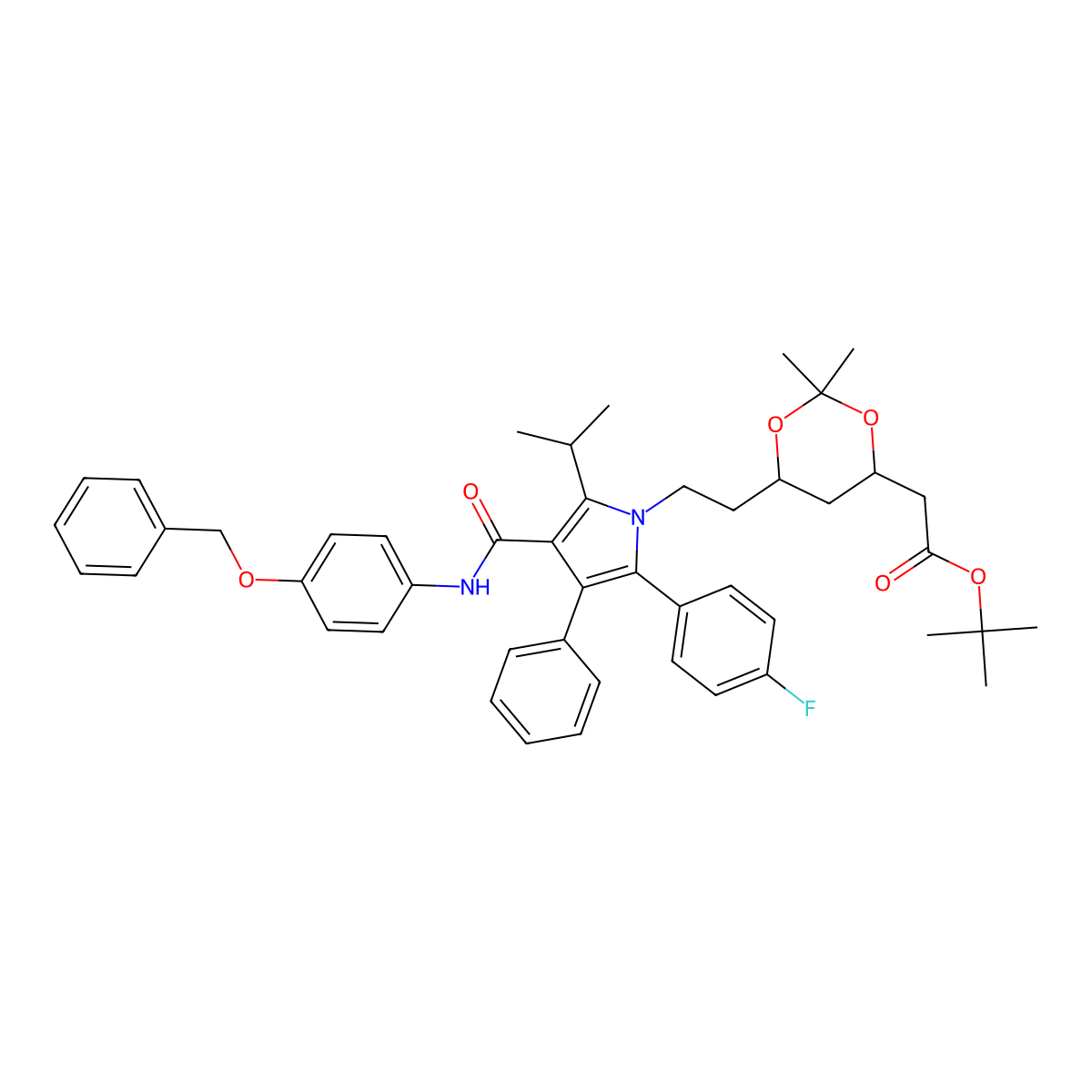 tert-butyl 2-[(4R,6R)-6-[2-[2-(4-fluorophenyl)-3-phenyl-4-[(4-phenylmethoxyphenyl)carbamoyl]-5-propan-2-ylpyrrol-1-yl]ethyl]-2,2-dimethyl-1,3-dioxan-4-yl]acetate molecular structure, CAS 163217-68-3